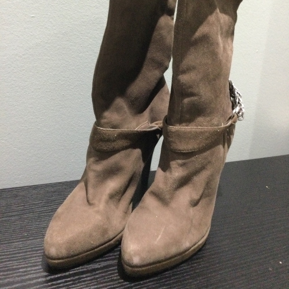 Calvin Klein Suede Brown Heeled Boots with Chain Detail - Picture 3 of 6